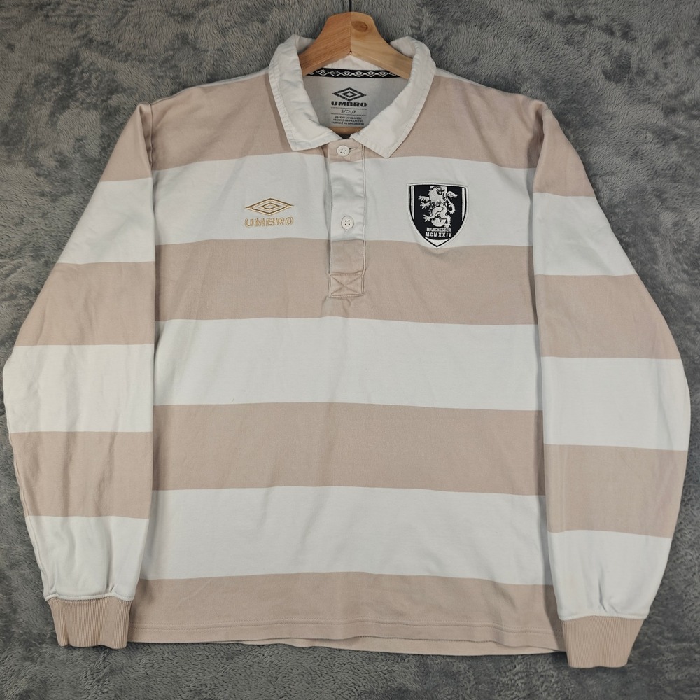 Umbro Rugby Shirt Mens Small Tan White Striped Manchester United Long Sleeve